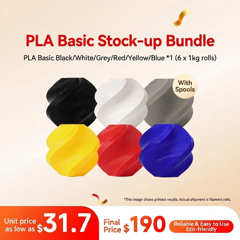 Bambu Lab PLA Basic 6KG 6-Color Stock-up Bundle (Black/White/Grey/Red/Yellow/Blue, 1KG each) - with Reusable Spools