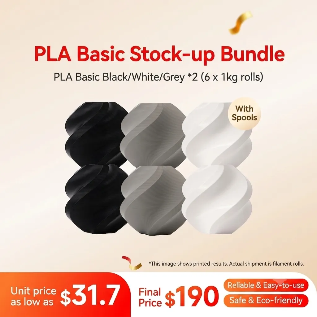 Bambu Lab PLA Basic 6KG 3-Color Stock-up Bundle (Black/White/Grey, 2KG each) - with Reusable Spools
