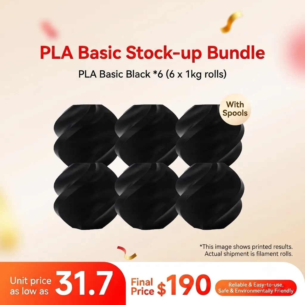 Bambu Lab PLA Basic Black 6KG Stock-up Bundle (6x 1KG) - with Reusable Spools