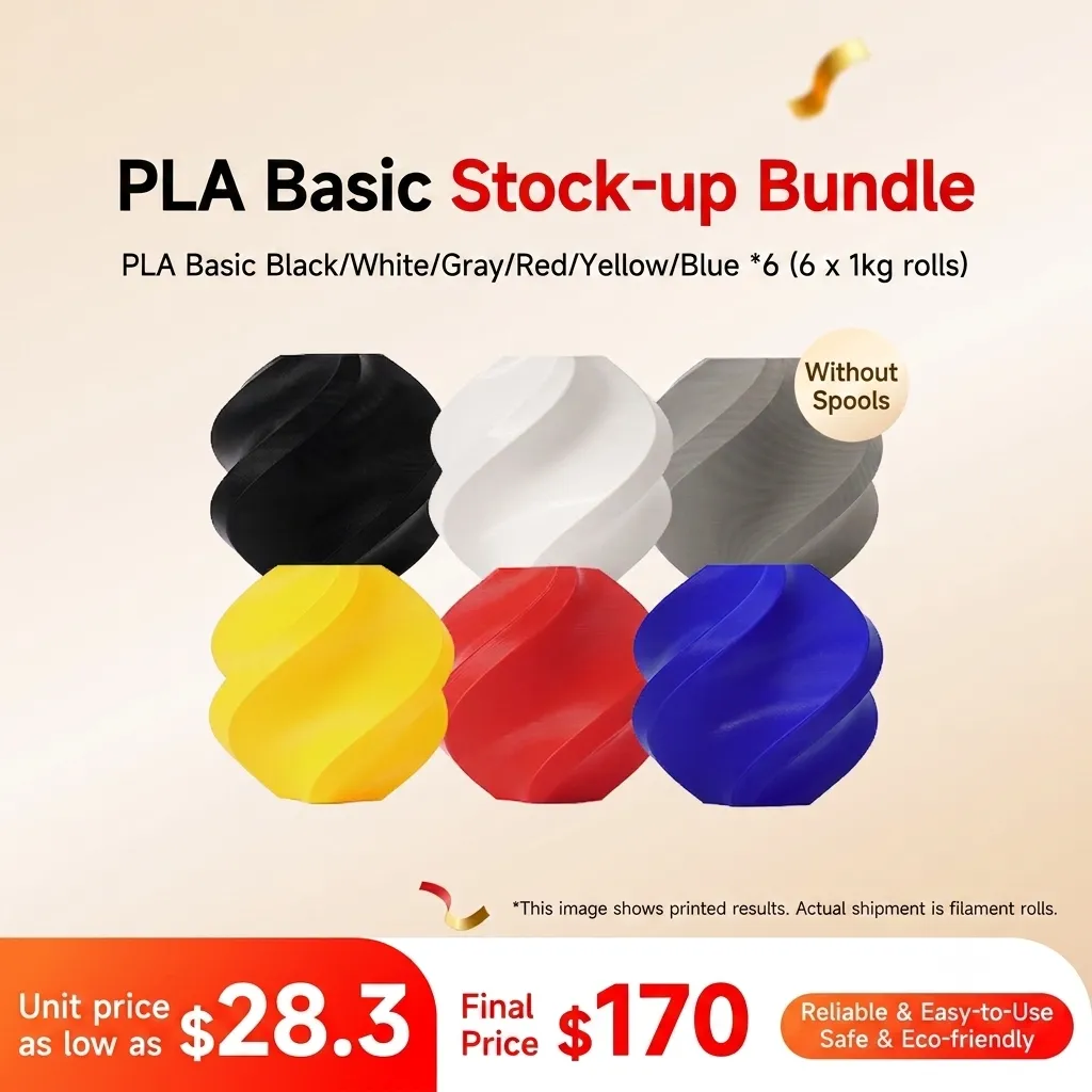 Bambu Lab PLA Basic 6KG 6-Color Stock-up Bundle (Black/White/Grey/Red/Yellow/Blue, 1KG each) - without Spools