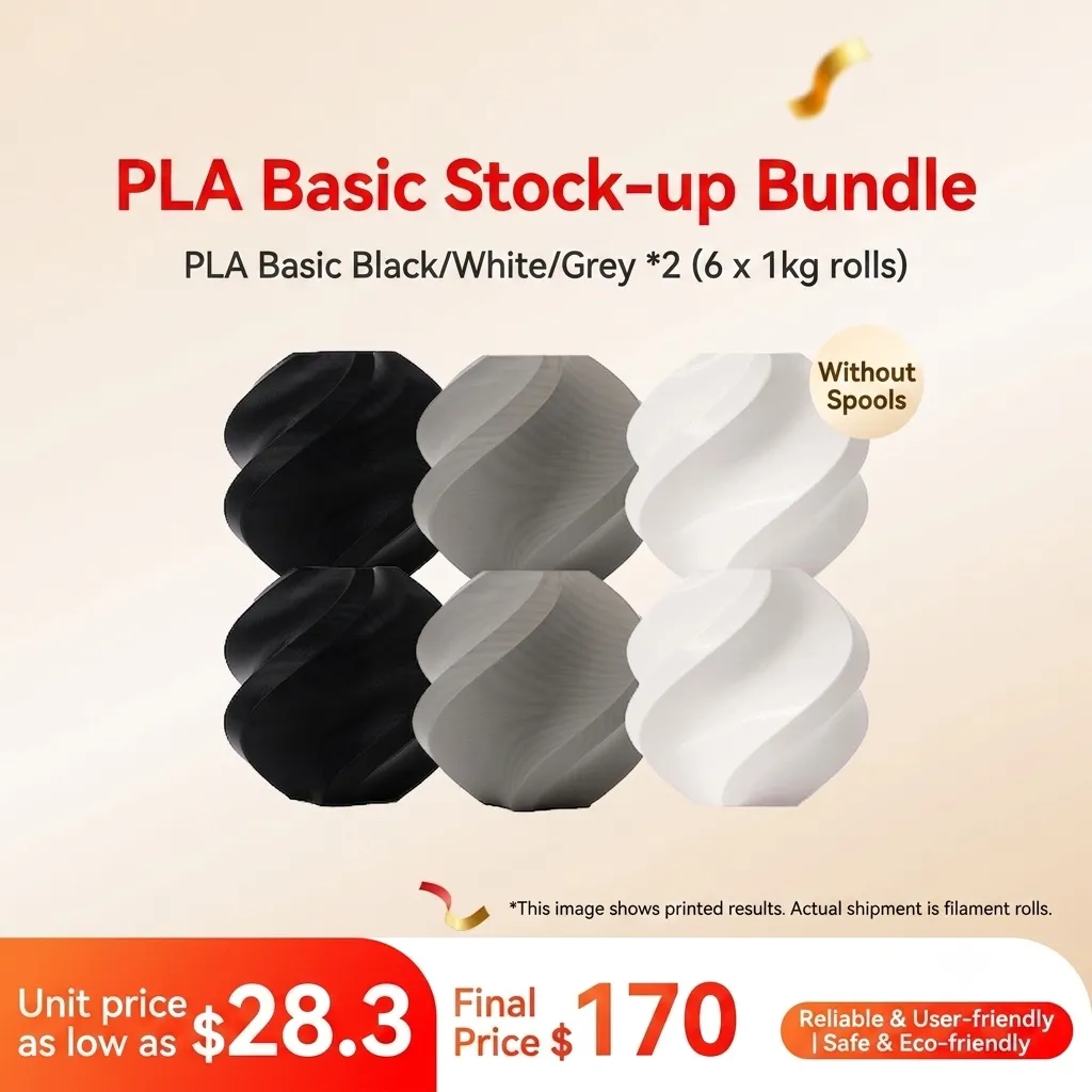Bambu Lab PLA Basic 6KG 3-Color Stock-up Bundle (Black/White/Grey, 2KG each) - without Spools