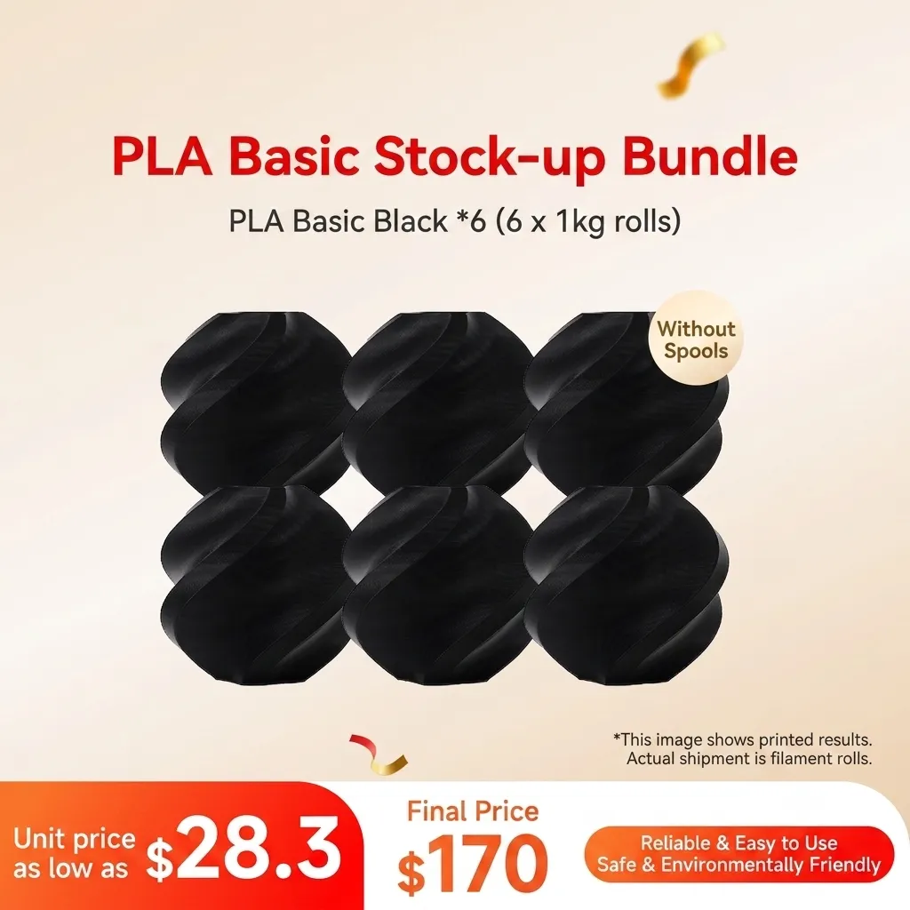 Bambu Lab PLA Basic Black 6KG Stock-up Bundle (6x 1KG) - without Spools