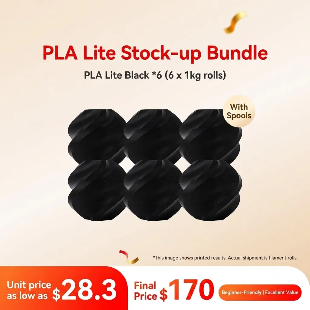Bambu Lab PLA Lite Black 6KG Stock-up Bundle (6x 1KG) - with Reusable Spools